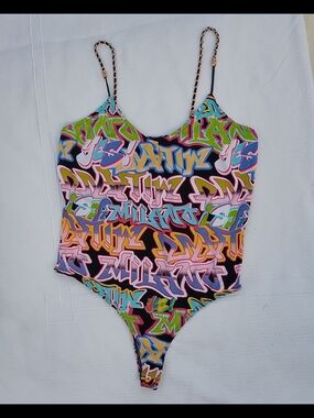 Polly & Esther Just Poly Graffiti Bodysuit Neon Streetwear Pop Are Chain Sz XL